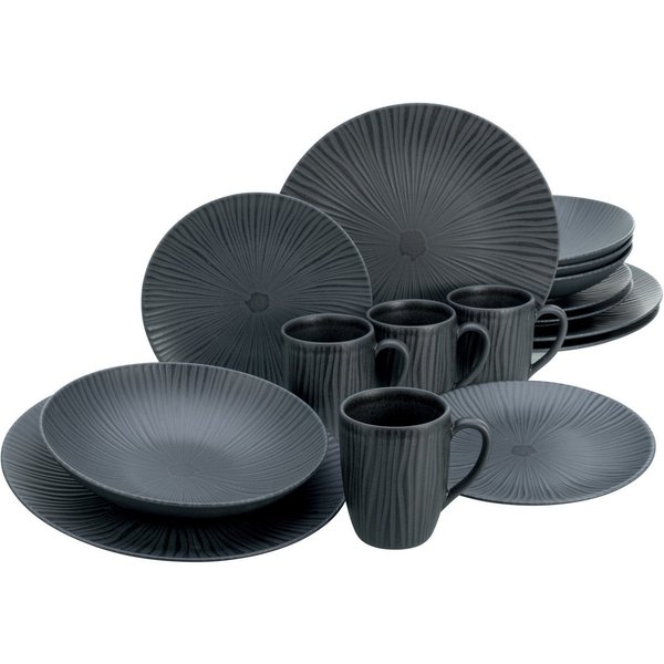 CreaTable Kombiservice Geschirr-Set Vesuvio (16-tlg), 4 Personen, Steinzeug, Service, schwarz, erhabenenes Relief, 16 Teile, für 4 Personen