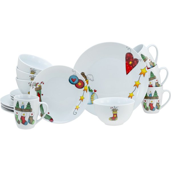CreaTable Kombiservice Luna Socken, Kombi-Service 16-tlg (16-tlg), 4 Personen, Porzellan, Winterlicher Dekor mit lustigen Sockenmotiven