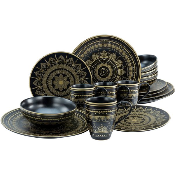 CreaTable Kombiservice Mandala Gold (16-tlg), 4 Personen, Steinzeug, Service, goldene orientalische Motive, 16 Teile, für 4 Personen