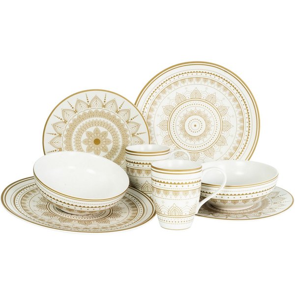 CreaTable Kombiservice Mandala Gold (8-tlg), 2 Personen, Steinzeug, Service, goldene orientalische Motive, 8 Teile, für 2 Personen