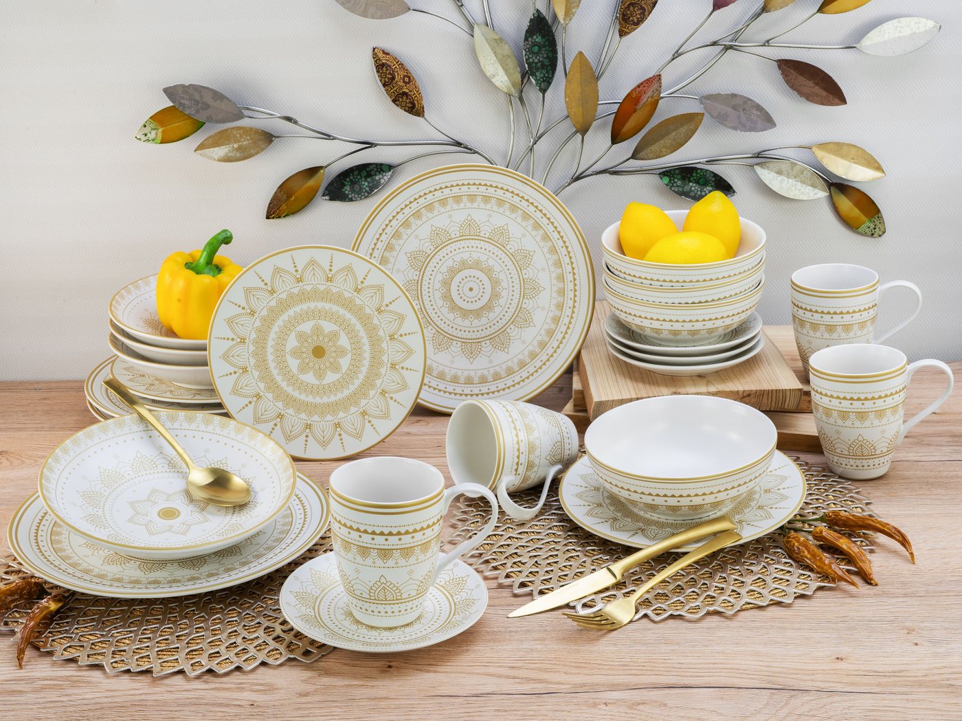 creaTable Kombiservice Mandala Gold (8-tlg), 2 Personen, Steinzeug, Service, goldene orientalische Motive, 8 Teile, für 2 Personen – Bild 2 von 5
