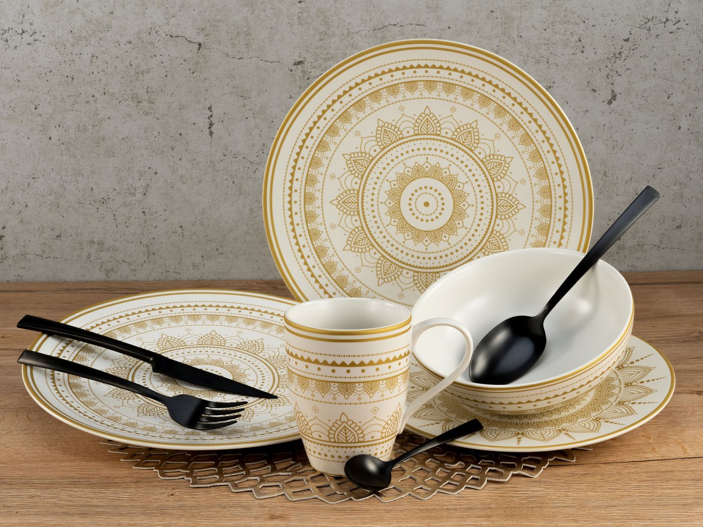 creaTable Kombiservice Mandala Gold (8-tlg), 2 Personen, Steinzeug, Service, goldene orientalische Motive, 8 Teile, für 2 Personen – Bild 3 von 5