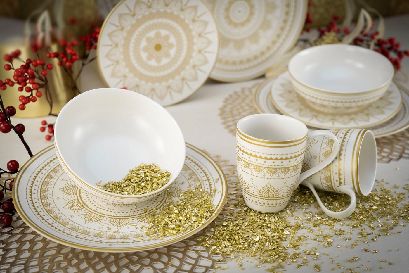 creaTable Kombiservice Mandala Gold (8-tlg), 2 Personen, Steinzeug, Service, goldene orientalische Motive, 8 Teile, für 2 Personen – Bild 4 von 5
