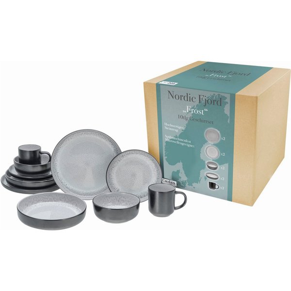 CreaTable Kombiservice Nordic Fjord (10-tlg), 2 Personen, Steinzeug, je 2 Speiseteller, Suppenteller, Dessertteller, Schalen, Kaffeebecher
