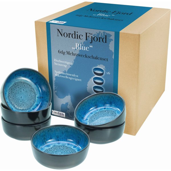 CreaTable Müslischale Nordic Fjord, Steinzeug, (Set, 6-tlg), Salatschale, Snackschale, Ø 15,5 cm, 960 ml