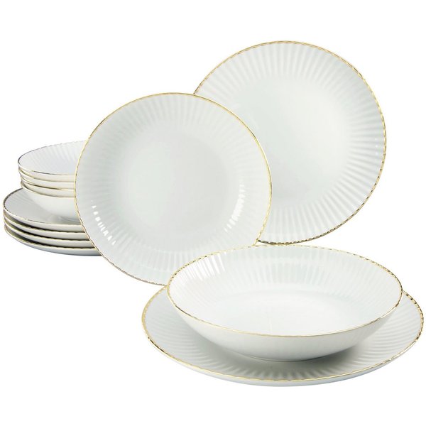CreaTable Tafelservice Allegra Goldband, Service 12-tlg. (12-tlg), 6 Personen, Porzellan, Teller Set, Klassisch, Elegant, Von Hand gemalter Goldrand