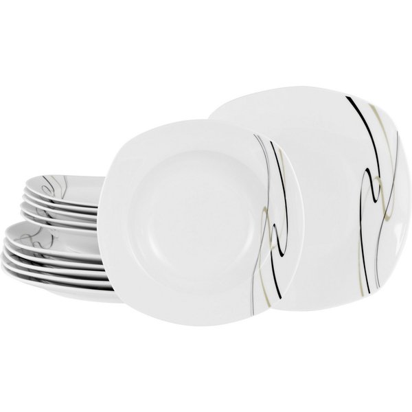 CreaTable Tafelservice Amelie Piazza, Tafel-Service 12-tlg (12-tlg), 6 Personen, Porzellan, Teller Set, Elegant, Schwungvoller Liniendekor