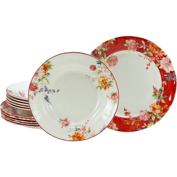 CreaTable Tafelservice Crimson Bunt, Service 12-tlg. (12-tlg), 6 Personen, Steingut, Teller Set, Blütendekor, Designklassiker