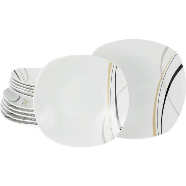 CreaTable Tafelservice Square City Line, Tafel-Service 12-tlg (12-tlg), 6 Personen, Porzellan, Teller Set, Moderner Urban Style