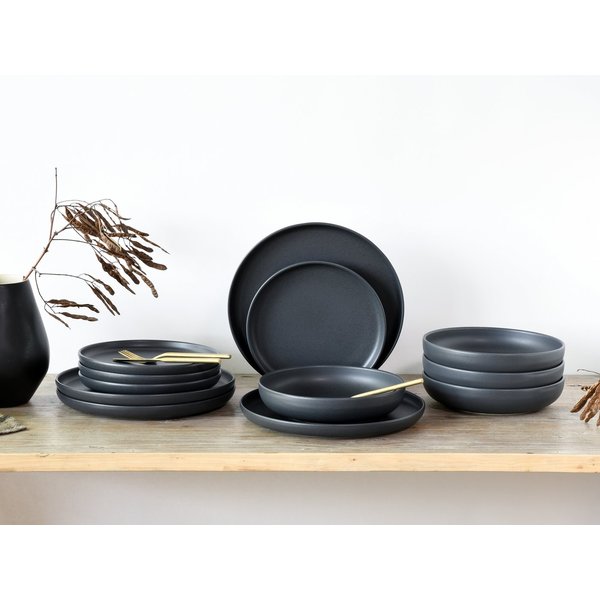 CreaTable Tafelservice Teller Set, Geschirr-Set Uno Black (12-tlg), 4 Personen, Steinzeug, Service, schwarz, seidenmatte Spezialglasur,12 Teile, für 4 Personen