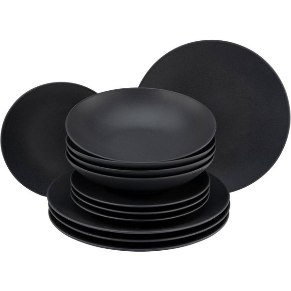 CreaTable Tafelservice Teller Set, Geschirr-Set Soft Touch Black (12-tlg), 4 Personen, Steinzeug, Service, schwarz, seidenmatte Glasur, 12 Teile, für 4 Personen