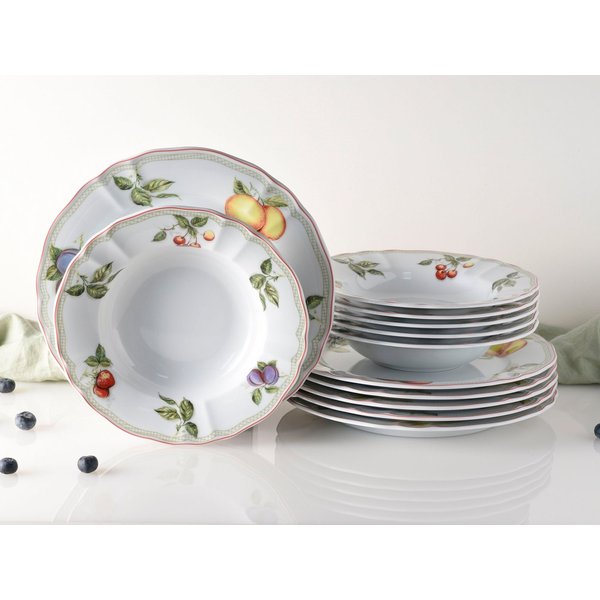 CreaTable Tafelservice Teller Set, Geschirr-Set Flora Orchard (12-tlg), 6 Personen, Porzellan, Service, Früchtedekor, 12 Teile, für 6 Personen