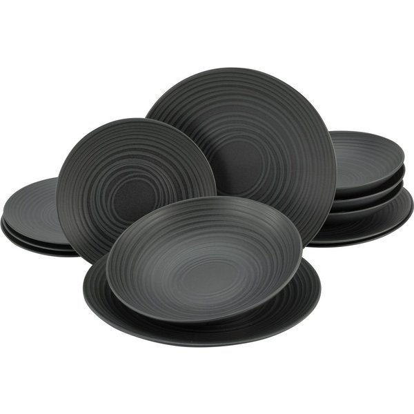 CreaTable Tafelservice Teller Set, Geschirr-Set Lava Stone (12-tlg), 4 Personen, Steinzeug, Service, schwarz, Reliefdekor, Made in Europe, 12 Teile für 4 Person