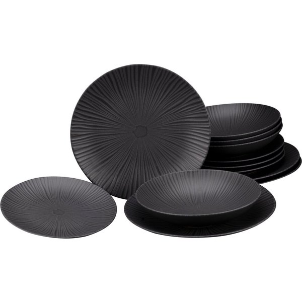 CreaTable Tafelservice Teller Set, Geschirr-Set Vesuvio (12-tlg), 4 Personen, Steinzeug, Service, schwarz, ausdrucksstarkes Relief, 12 Teile, für 4 Personen