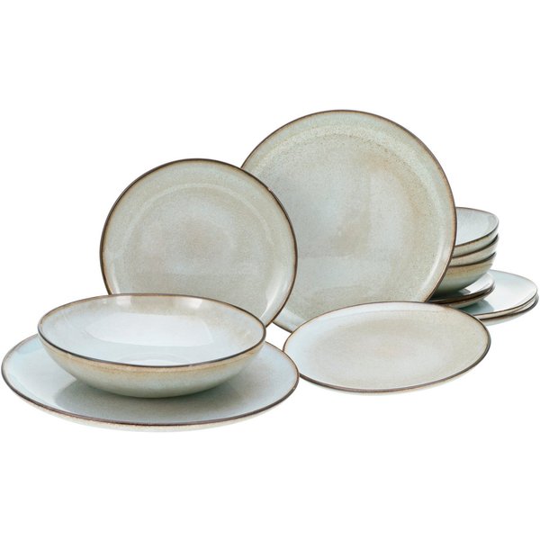 CreaTable Tafelservice Teller Set, Geschirr-Set Stone Town (12-tlg), 4 Personen, Steinzeug, Service, organische Form, Handmade Charakter, 12 Teile, für 4 Person