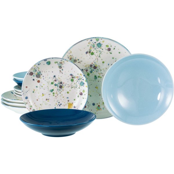 CreaTable Teller-Set Candy Drops, Teller Set 12-tlg. (12-tlg), 4 Personen, Steinzeug, Unregelmäßige bunte Punkte, Gute Laune Geschirr, Frisch, Freundlich