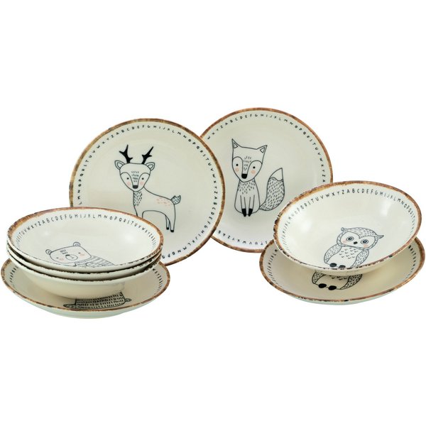 CreaTable Teller-Set Freunde des Waldes Bunt, Teller Set 8-tlg. (8-tlg), 4 Personen, Steinzeug, Tiermotive, skandinavischer Stil, unregelmäßiger brauner Rand