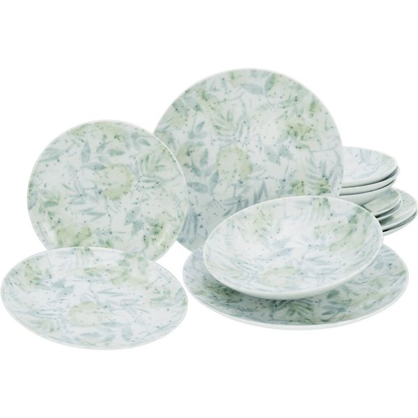 CreaTable Teller-Set Geschirr-Set Home - Tropical (12-tlg), 4 Personen, Porzellan, Teller Set, Service im Used-und Vintage-Look, 12 Teile, für 4 Personen