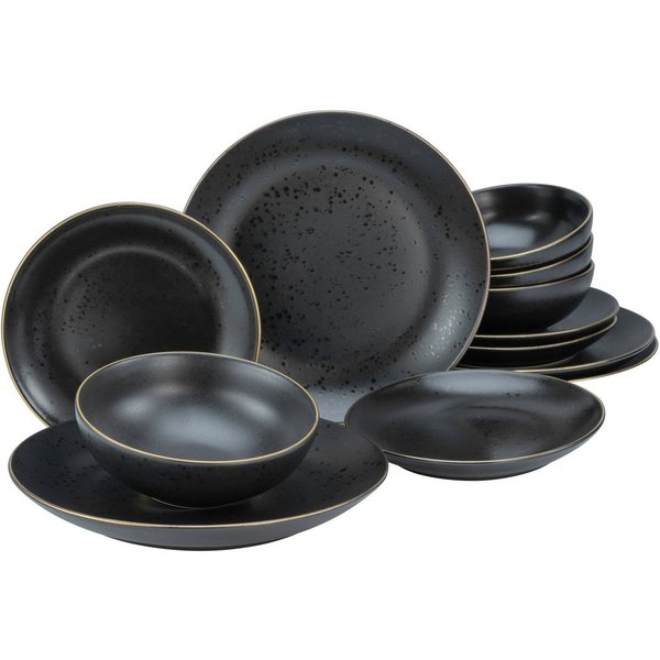 CreaTable Teller-Set Geschirr-Set Industrial (12-tlg), 4 Personen, Steinzeug, Teller Set, Service, schwarz, Goldrand, 12 Teile, für 4 Personen