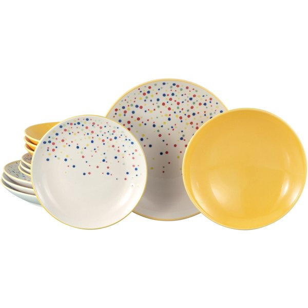 CreaTable Teller-Set Joy, Teller Set 12-tlg. (12-tlg), 4 Personen, Steinzeug, Unregelmäßige bunte Punkte, Gute Laune Geschirr, Frisch, Freundlich
