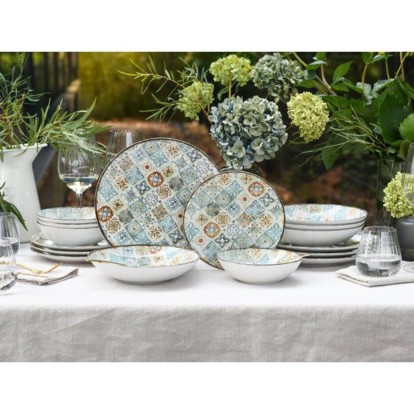 CreaTable Teller-Set Mosaik, Service 16-tlg. (16-tlg), 4 Personen, Steinzeug, Teller Set, Edles Tellerset, Vollflächig dekorierte Teller und Farben