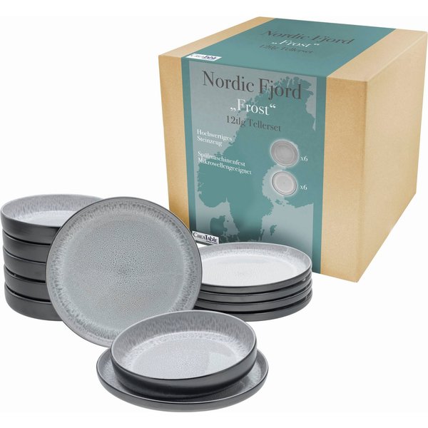 CreaTable Teller-Set Nordic Fjord (12-tlg), 6 Personen, Steinzeug, Tafelservice, 6 Speiseteller Ø 26 cm, 6 Suppenteller Ø 22,5 cm