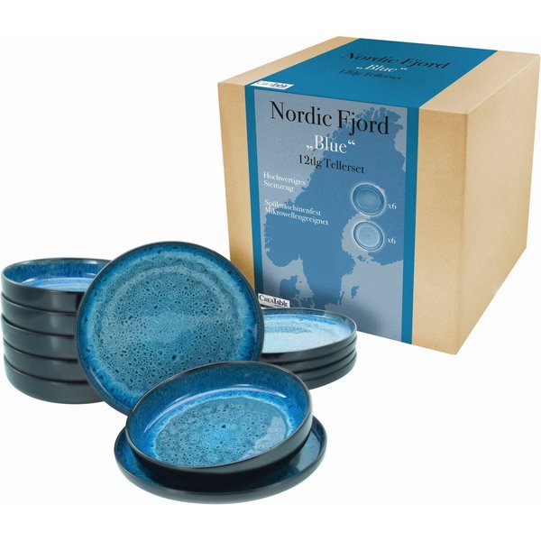 CreaTable Teller-Set Nordic Fjord (12-tlg), 6 Personen, Steinzeug, Tafelservice, 6 Speiseteller Ø 26 cm, 6 Suppenteller Ø 22,5 cm