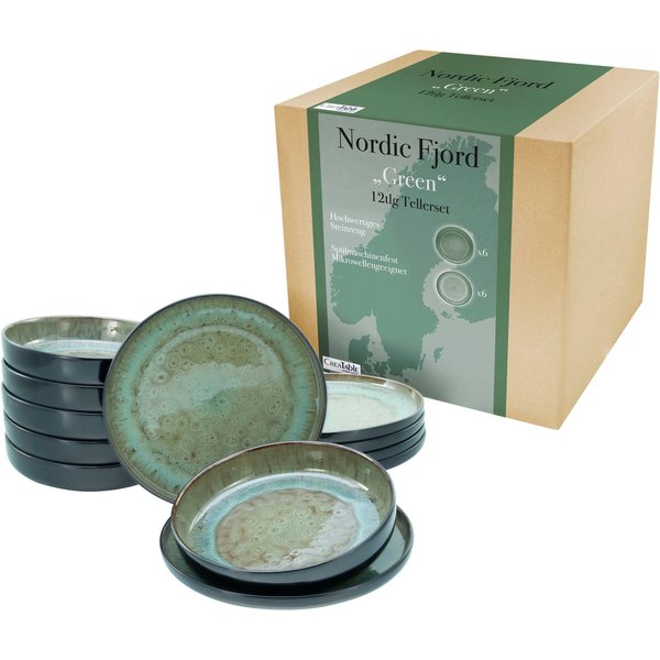 CreaTable Teller-Set Nordic Fjord (12-tlg), 6 Personen, Steinzeug, Tafelservice, 6 Speiseteller Ø 26 cm, 6 Suppenteller Ø 22,5 cm