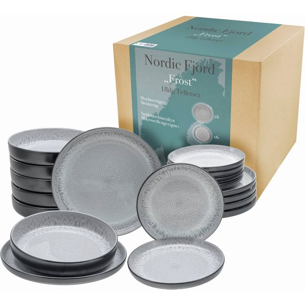 CreaTable Teller-Set Nordic Fjord (18-tlg), 6 Personen, Steinzeug, je 6 Speiseteller 26 cm, Suppenteller 22,5 cm, Dessertteller 19,5 cm