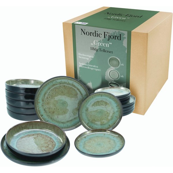 CreaTable Teller-Set Nordic Fjord (18-tlg), 6 Personen, Steinzeug, je 6 Speiseteller 26 cm, Suppenteller 22,5 cm, Dessertteller 19,5 cm