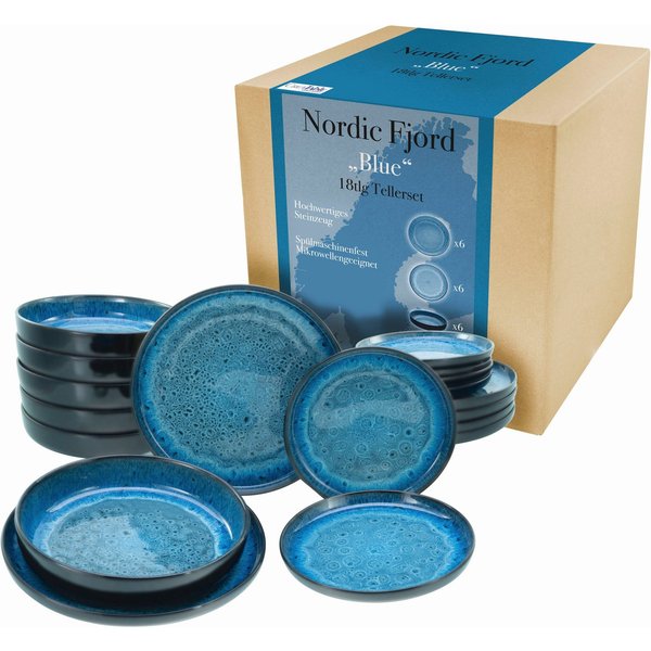 CreaTable Teller-Set Nordic Fjord (18-tlg), 6 Personen, Steinzeug, je 6 Speiseteller 26 cm, Suppenteller 22,5 cm, Dessertteller 19,5 cm