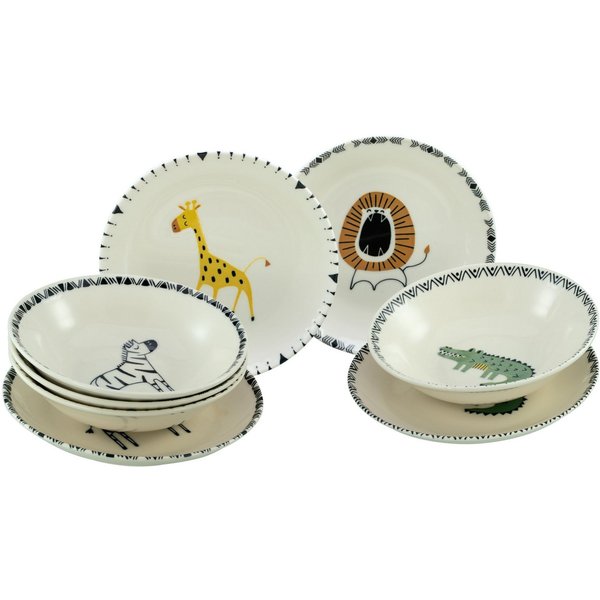 CreaTable Teller-Set Safari Bunt, Teller Set 8-tlg. (8-tlg), 4 Personen, Steinzeug, gezeichnete Tiermotive, skandinavischer Stil, Ethno-Style Motive