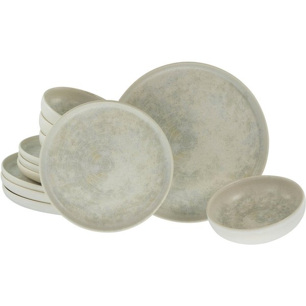 CreaTable Teller-Set Uno Athena, Teller Set 12-tlg (12-tlg), 4 Personen, Steinzeug, Ringe-Relief, Vintage Style