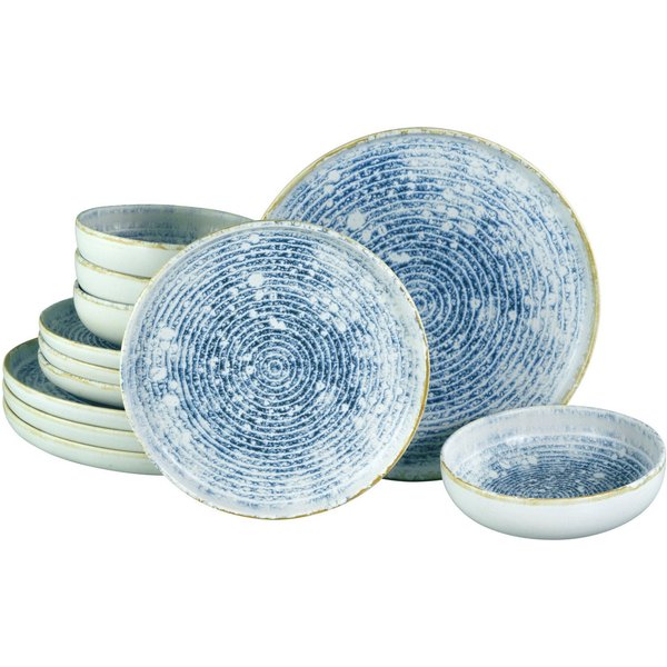 CreaTable Teller-Set Uno Mykonos, Teller Set 12-tlg (12-tlg), 4 Personen, Steinzeug, Sommerlich, Vintage Style, Reaktivglasur