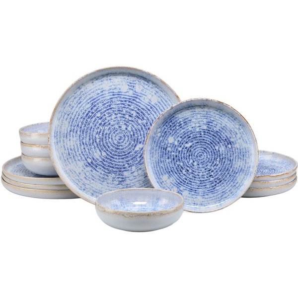 CreaTable Teller-Set Uno Mykonos glänzend, Geschirr-Set, 12-tlg. (12-tlg), 4 Personen, Steinzeug, Modernes Spiraldekor, Reaktivglasur