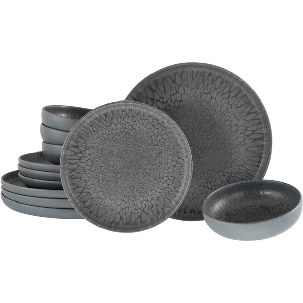 CreaTable Teller-Set Uno Volcano, Teller Set 12-tlg (12-tlg), 4 Personen, Steinzeug, Reaktivglasur, Vintage Style