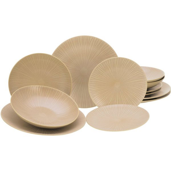 CreaTable Teller-Set Vesuvio Sand (12-tlg), 4 Personen, Steinzeug, Teller Set, seidenmatte Glasur, ausdrucksstarkes Relief