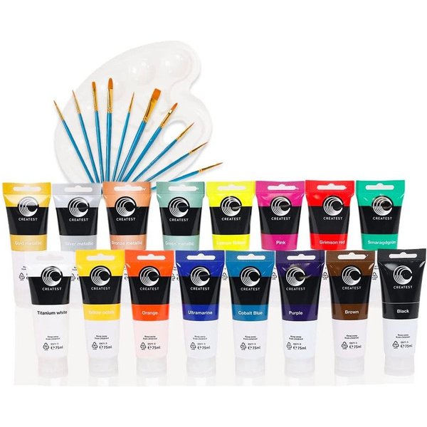 CREATEST Bastelfarbe Acrylfarben-Set 16x75 ml inkl. Pinsel & Mischpalette wasserfest, Für Leinwand, Holz & mehr ideal als Künstlerbedarf und Geschenkidee