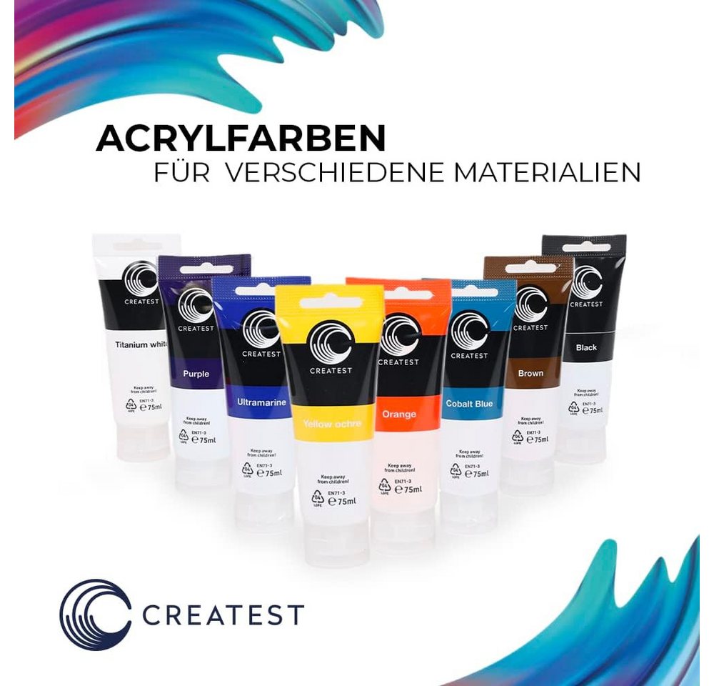 CREATEST Bastelfarbe Acrylfarben-Set 16x75 ml inkl. Pinsel & Mischpalette wasserfest, Für Leinwand, Holz & mehr ideal als Künstlerbedarf und Geschenkidee – Bild 5 von 5