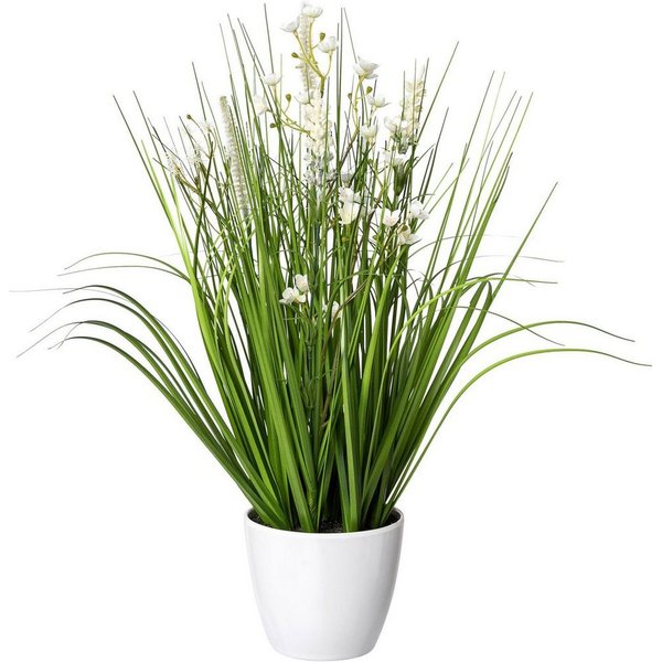 Kunstgras Blüten-Gras-Mix, Creativ green, Höhe 46 cm, in weißer Kunststoffschale