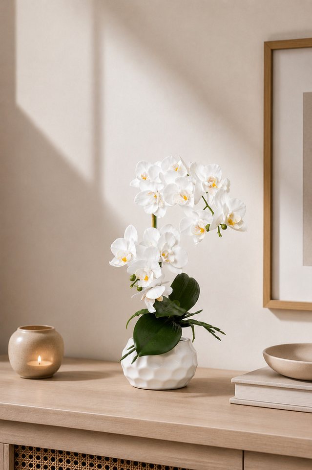 Kunstorchidee Kunstpflanze Orchidee, weiss, ca. 33 cm hoch in Keramiktopf, Creativ green – Bild 2 von 5