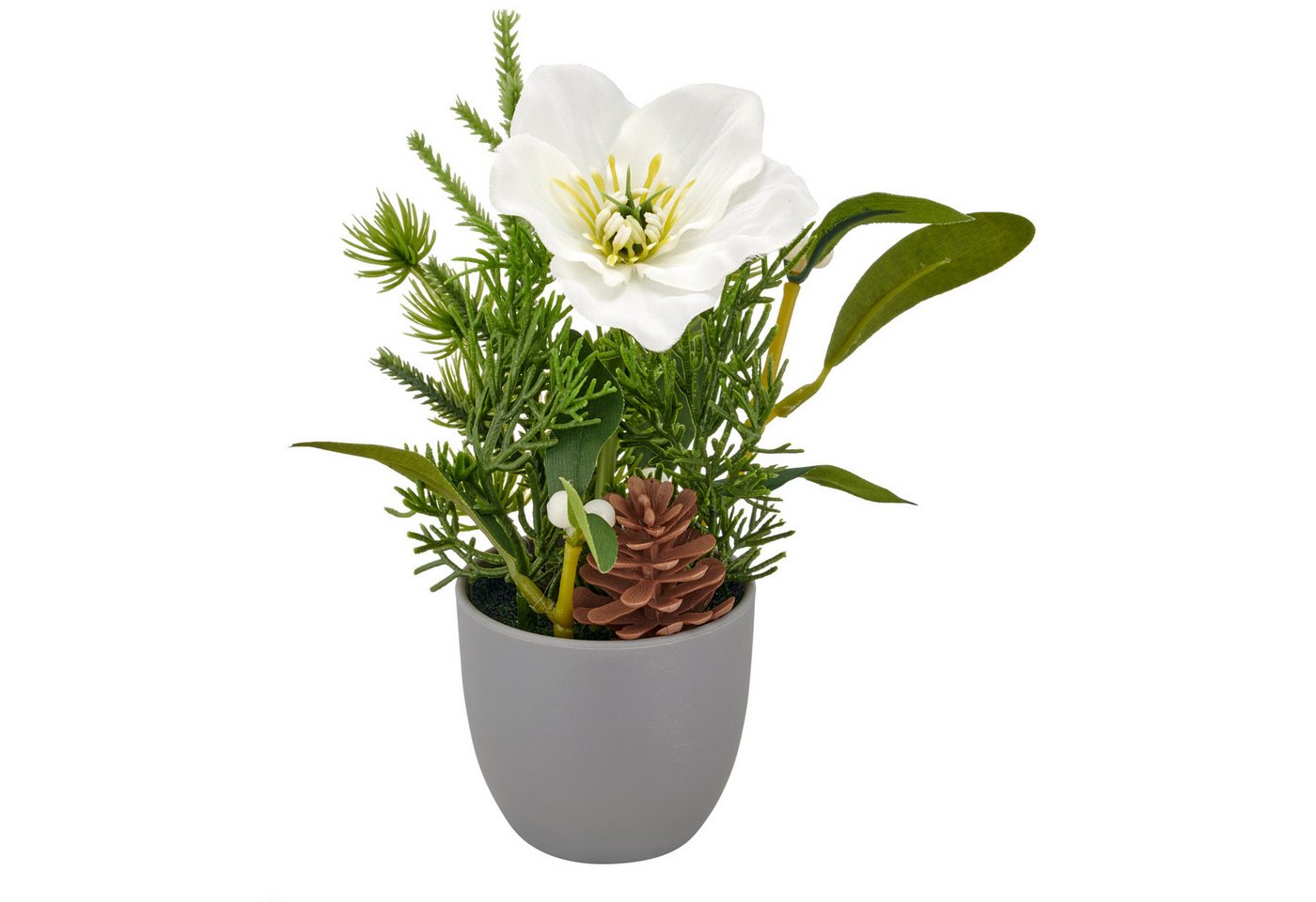 Winterliche Kunstpflanze Arrangement mit Christrose, Creativ green, Höhe 18 cm, mit Tannenzweigen und Zapfen – Bild 2 von 3