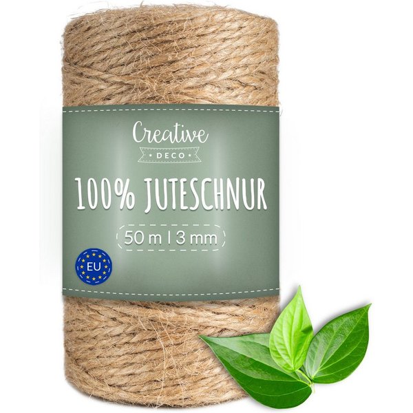 Creative Deco 50m Juteschnur Natur Braun, 3 mm Dicke 3-Lagig Bastelgarn