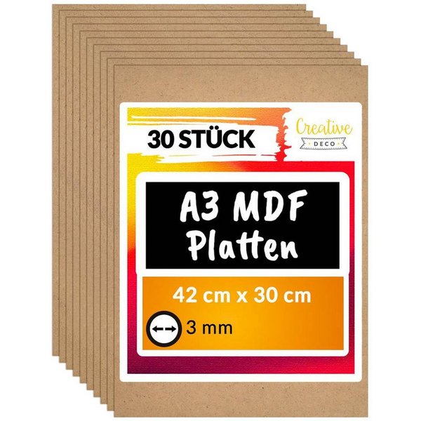 Creative Deco Bastelnaturmaterial A3 MDF Platten, 420 x 300 x 3 mm, Dünne Holz-Platten, (30-tlg)