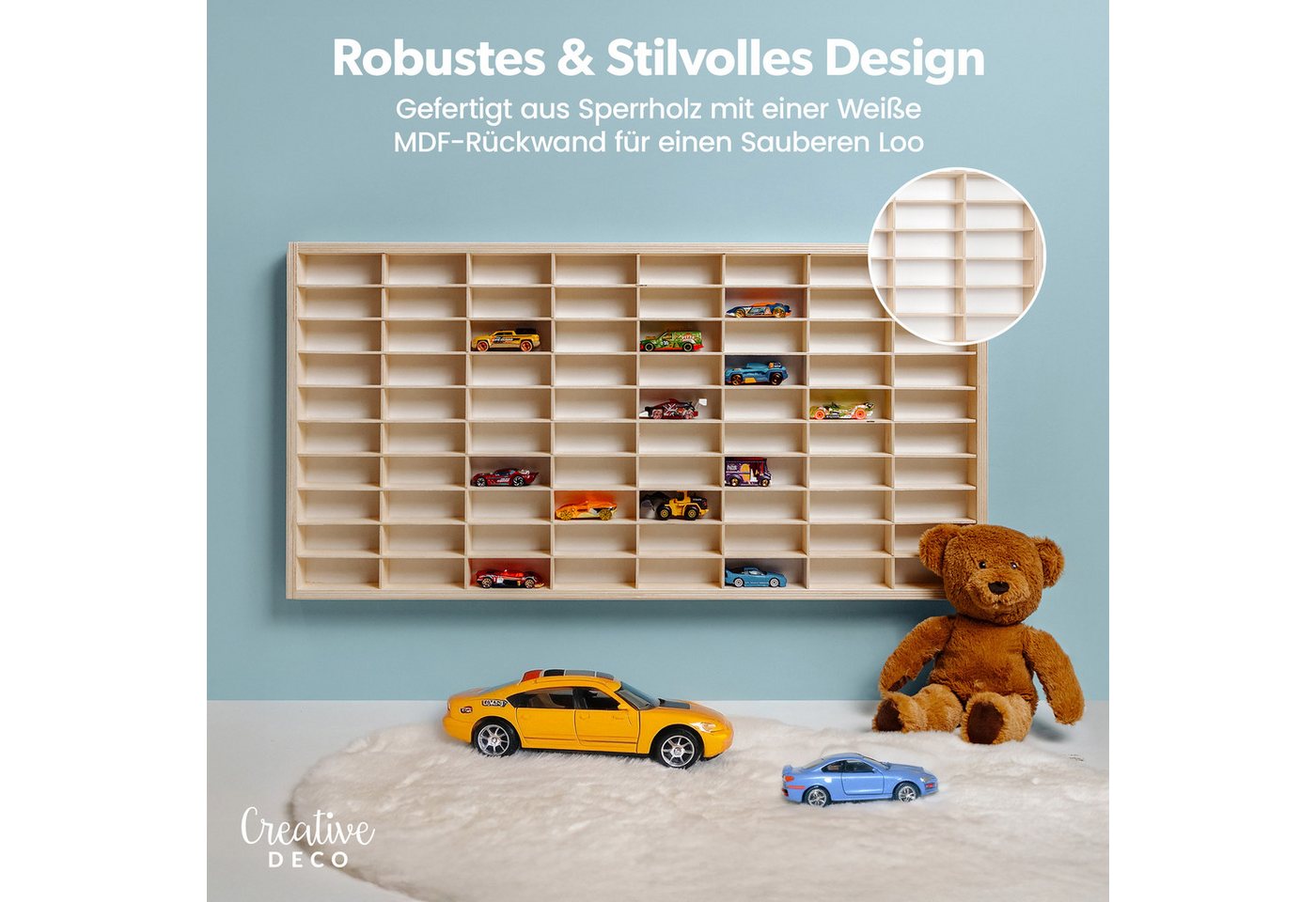 Creative Deco Schubladenbox Setzkasten Holz Sammlervitrine für Autos - 80 verstellbare Fächer, Wandregal für Miniaturen – Bild 5 von 5
