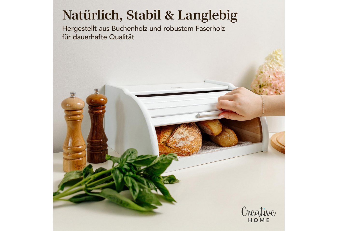 Creative Home Brotkasten Holz 38 x 28,5 x 17,5 cm Brotkiste mit Rolldeckel Brotbox – Bild 4 von 5