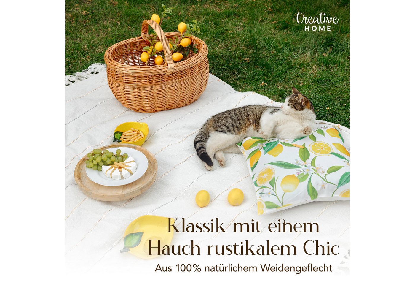 Creative Home Einkaufskorb Picknickkorb Weidenkorb mit Henkel Naturbraun Handgeflochten – Bild 5 von 5