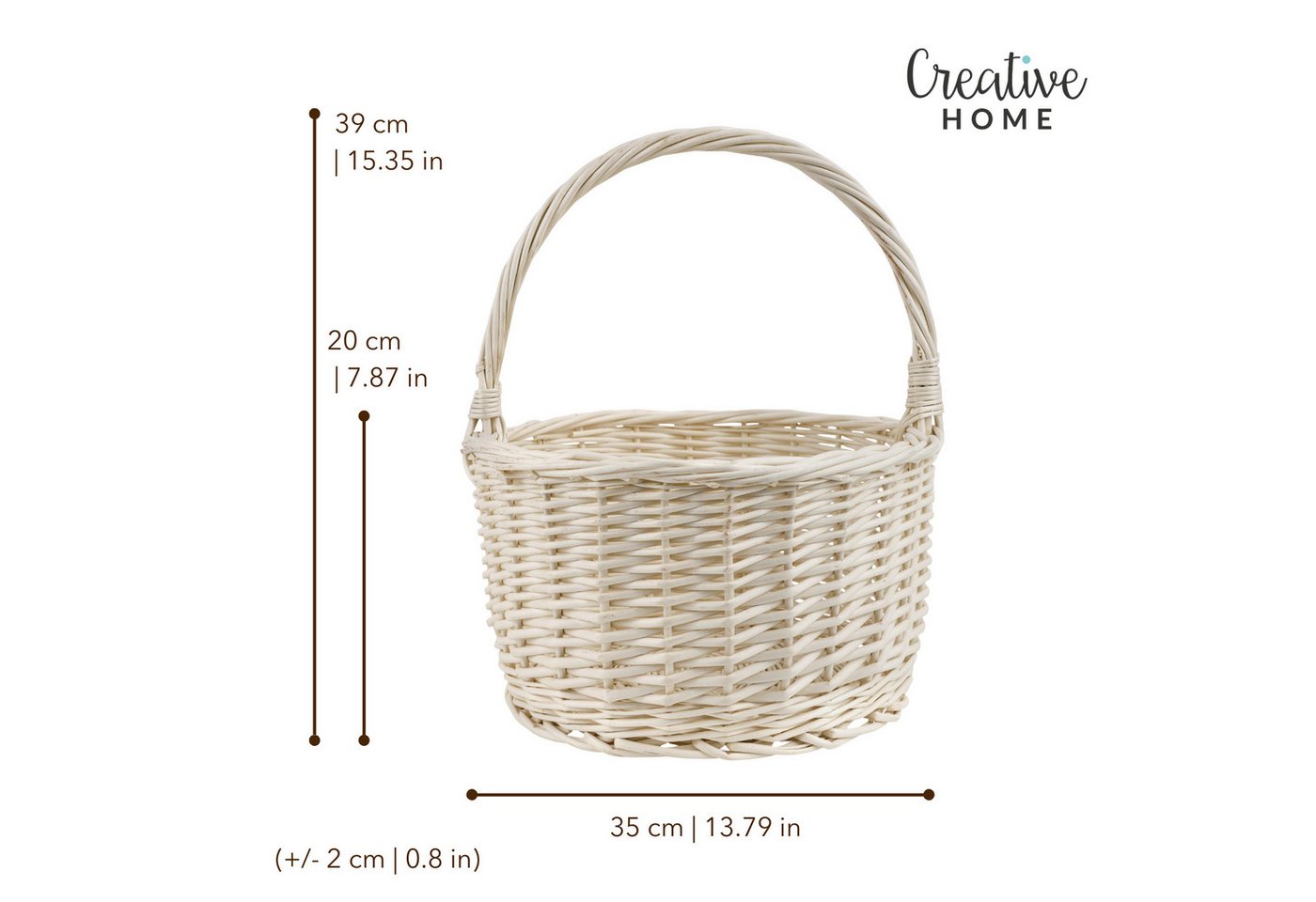 Creative Home Weidenkorb Weidenkorb mit Henkel, 35 x 35 x 36 cm (2 cm) Groß und Leicht, Handgeflochten, Einkaufskorb, Präsentkorb, Obstkorb, Picknickkorb – Bild 3 von 5