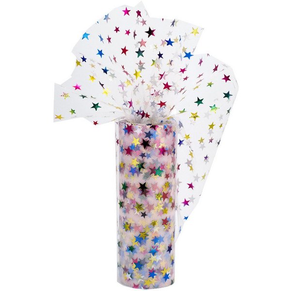 Creativery Stoff, Tüll Stoff Rolle mit Sternen 15cm x 9m Weiß / Bunt Regenbogen