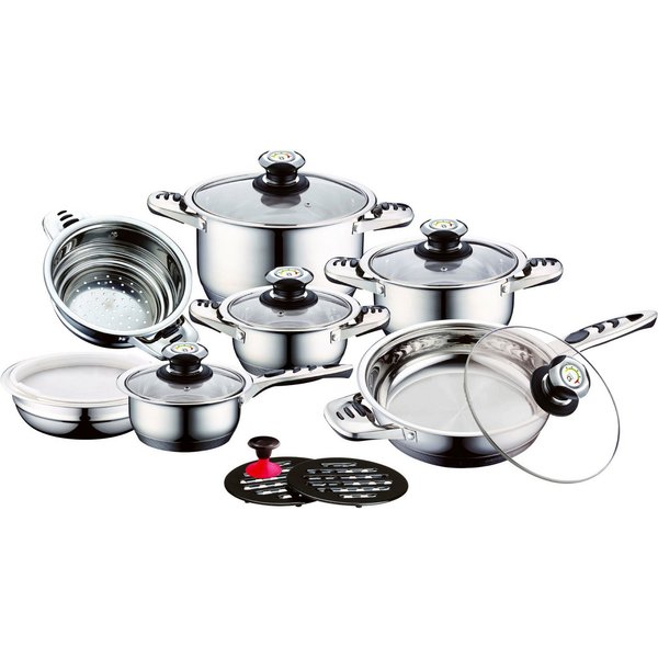 CS Koch-Systeme Topf-Set Aurich, Edelstahl (Set, 16-tlg., Bratentopf 16/20/24cm, Stieltopf 16cm, Pfanne 24cm, Einsatz, Schüssel), 16-teilig, Induktion